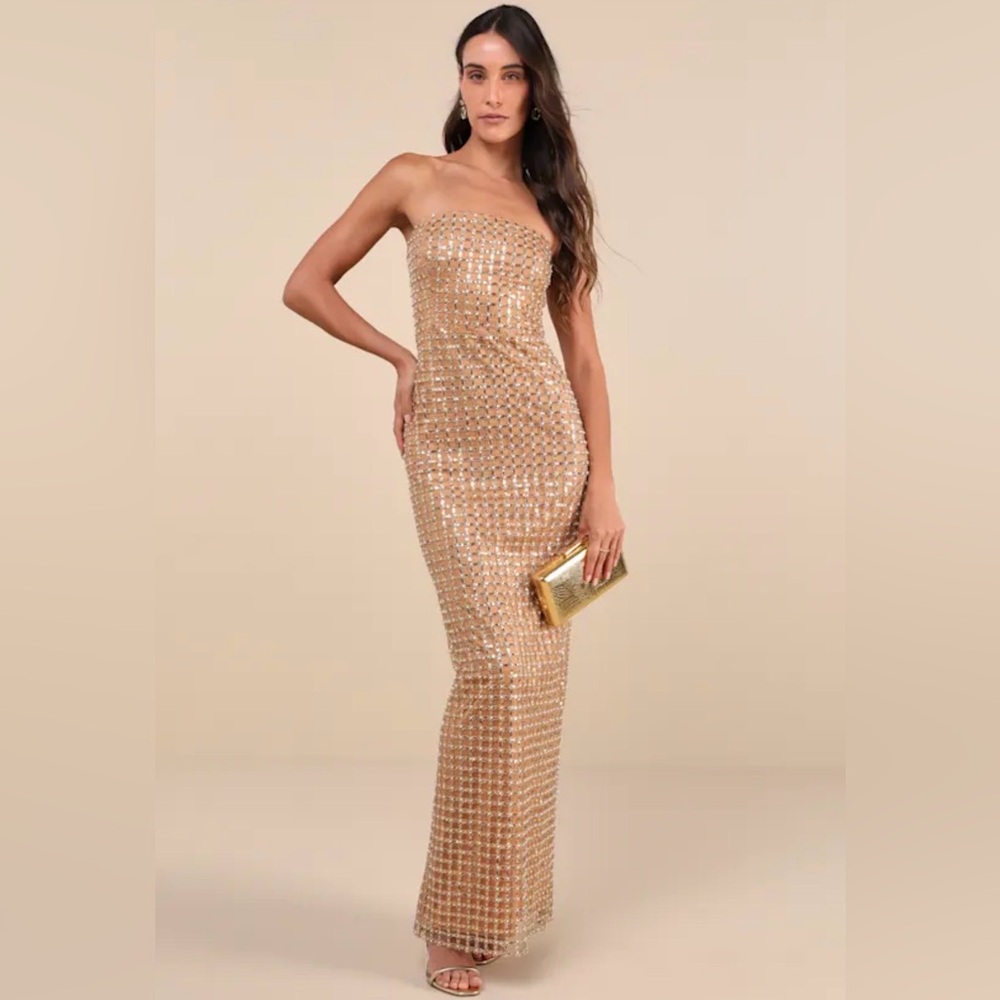 Lulu's Glittering Gold Strapless Gown